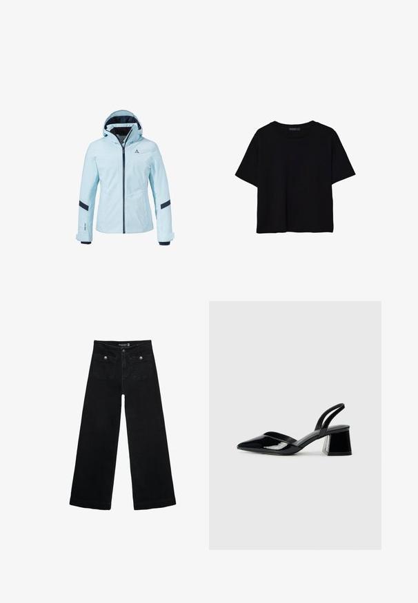 Schöffel KANZELWAND - Snowboardjacke - blau; Schwarzes T-Shirt mit kurzen Ärmeln aus Baumwolle. Verfügt über einen runden Ausschnitt und einen lockeren Schnitt mit einer glatten, einfarbigen Textur. Keine sichtbaren Muster oder Akzente.; Schwarze, weit geschnittene Jeans mit hoher Taille, die zwei Fronttaschen und metallene Knopfakzente aufweist. Der Stoff hat eine glatte Textur.; Schwarze Lackleder-Slingback-High Heels mit spitzem Schuh und einem geometrischen Blockabsatz. Verfügt über ein schlankes, minimalistisches Design und eine glatte Textur.