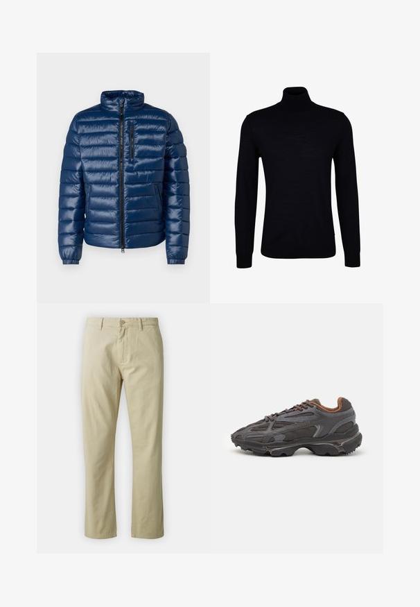 Veste rembourrée marine avec un col haut, fermeture éclair sur le devant, design matelassé horizontal et poignets élastiques. Comprend une poche poitrine zippée.; Pull en laine noire avec un tricot lisse. Doté de manches longues, d'un col ajusté et de bords côtelés aux poignets et à l'ourlet pour un ajustement snug.; Pantalon en coton beige avec une coupe droite, fermeture à bouton sur le devant et passants de ceinture. Texture lisse, sans motifs ou accents visibles.; Baskets Lacoste en gris foncé, en matériau mesh et synthétique, avec une semelle texturée et des accents marron sur le col et le branding.