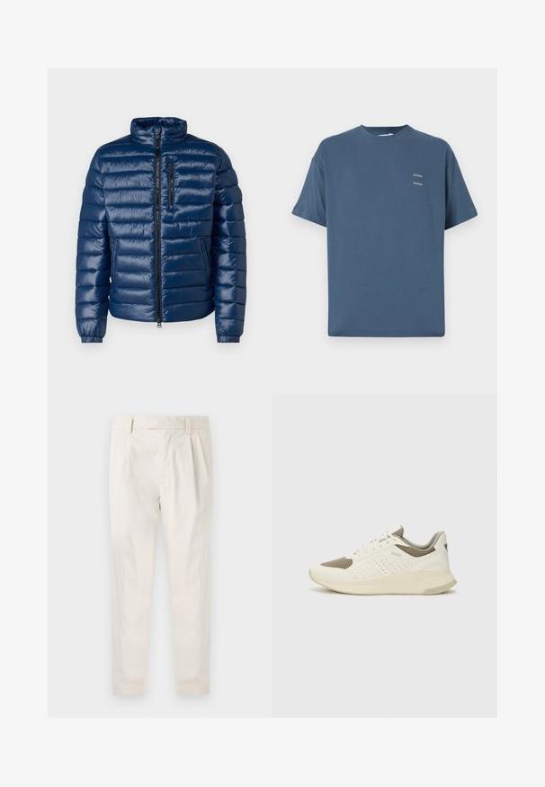 Marine gewatteerde jas met hoge kraag, ritssluiting aan de voorkant, horizontaal gestikte ontwerp en elastische manchetten. Bevat een ritssluiting op de borstzak.; Blauwe katoenen t-shirt met een klassieke ronde hals, korte mouwen, een ontspannen pasvorm en twee kleine bedrukte logo's op de borst. Soeple textuur.; Witte, geplooide broeken met een getailleerde pasvorm, met een gladde textuur, riemlussen en taps toelopende benen. Geen zichtbare zakken of patronen.; Witte en lichtbeige sport sneaker, met een bovenwerk van mesh, geperforeerde details en een gestructureerde tussenzool met branding op de hiel.