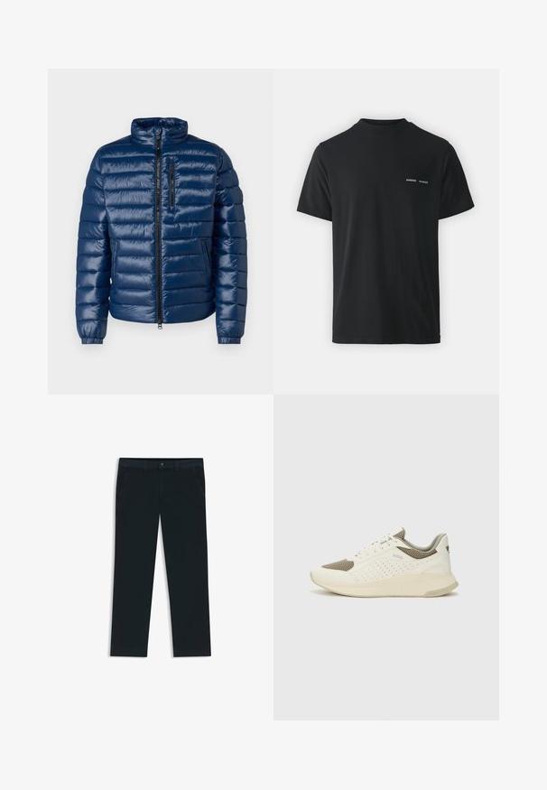 Marineblå polstret jakke med høj krave, lynlås foran, vandret quiltet design og elastiske manchetter. Har en lynlåslomme på brystet.; Sort bomulds t-shirt med klassisk rund hals, korte ærmer og to små hvide "SAMSØE" logoer på venstre bryst.; Mørkeblå chinos lavet af en bomuldsblanding. Har bæltestropper, forreste lommer og en lynlås med knaplukning.; Hvide og lyse beige sportssko med en mesh-overdel, perforerede detaljer og en tekstureret mellemsål med branding på hælen.