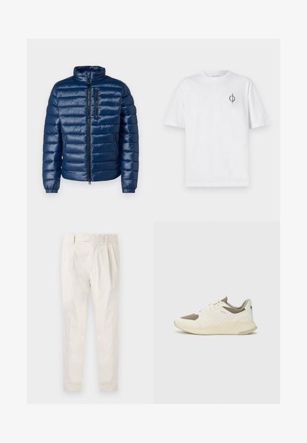Navy gepolsterte Jacke mit hohem Kragen, Reißverschluss vorne, horizontaler Steppung und elastischen Bündchen. Verfügt über eine Reißverschlusstasche auf der Brust.; Weißes Baumwoll-T-Shirt mit lockerer Passform, das ein kleines schwarzes Grafiklogo auf der linken Brustseite aufweist. Kurze Ärmel, Rundhalsausschnitt.; Weiße, plissierte Hose mit taillierten Schnitt, die eine glatte Textur, Gürtelschlaufen und schmal zulaufende Beine aufweist. Keine sichtbaren Taschen oder Muster.; Weiße und hellbeige Sport Sneakers, ausgestattet mit einem Obermaterial aus Netzgewebe, perforierten Details und einer strukturierten Zwischensohle mit Branding an der Ferse.