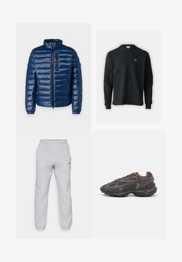 Navy gepolsterte Jacke mit hohem Kragen, Reißverschluss vorne, horizontaler Steppung und elastischen Bündchen. Verfügt über eine Reißverschlusstasche auf der Brust.; Schwarzes Langarm-T-Shirt aus Baumwolle, mit Rundhalsausschnitt und einem kleinen grünen, gestickten Krokodil-Logo auf der linken Brust.; Lacoste Jogginghose - silver chine; Lacoste Sneaker in Dunkelgrau aus Mesh und Synthetikmaterial, mit einer strukturierten Sohle und braunen Akzenten am Kragen und Logo.
