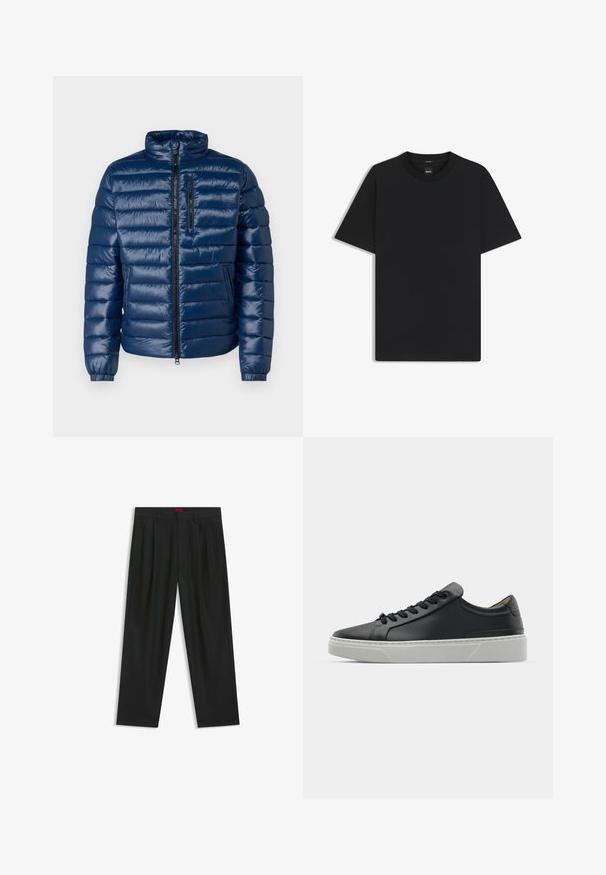 Navy gepolsterte Jacke mit hohem Kragen, Reißverschluss vorne, horizontaler Steppung und elastischen Bündchen. Verfügt über eine Reißverschlusstasche auf der Brust.; Schwarz T-Shirt mit kurzen Ärmeln aus einem glatten Baumwollmix, mit Rundhalsausschnitt und einem minimalistischen Design ohne Muster oder Akzente.; Schwarze Hose mit einem gefältelten Design, weiter Beinform und glatter Textur. Verfügt über ein rotes Taillenlabel.; Schwarze Ledersneaker mit glatter Textur, runder Zehenform und schwarzen Schnürsenkeln. Verfügt über eine dicke, weiße Gummisohle mit subtilen geometrischen Akzenten.