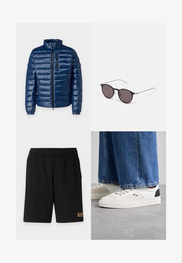 Tengerészkék párnázott dzseki magas gallérral, cipzáros elülső résszel, vízszintes tűzött dizájnnal és rugalmas mandzsettákkal. Cipzáros mellzsekkel rendelkezik.; Fekete pamut póló, kerek nyakkal, rövid ujjakkal, rajta fehér "EMPORIO ARMANI" logó, a "Milano" felirattal ívelt formában.; Fekete sportnadrág puha anyagból, rugalmas derékkal és egy kis sárga EA7 logóval a bal alsó lábszáron.; Fehér és fekete sportcipők sima bőrből készült felsőrésszel, texturált díszítésekkel és vastag fehér talppal. Klasszikus fűzős kivitel jellemzi.; Fekete kerek napszemüveg sötét lencsékkel és karcsú fém szárakkal. Átlátszó szárvégeket és ezüst részleteket tartalmaz az ívnél. Minimalista dizájn.
