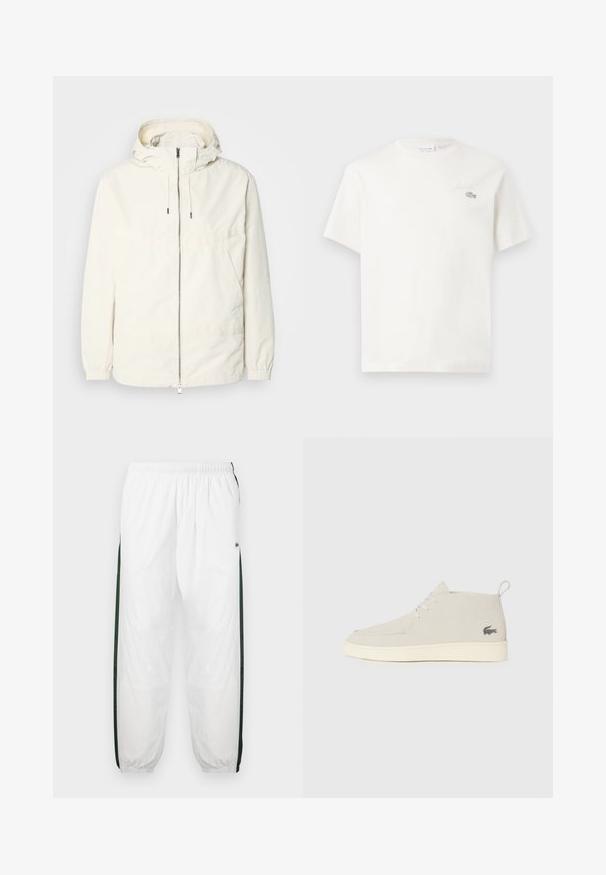 Lengvas, kreminės spalvos švarkas su kapišonu, užtrauktuku priekyje, elastingomis rankovėmis ir kengūros kišene. Lygus audinys su minimaliais siūlių detalėmis.; Balta medvilninė marškinėliai trumpomis rankovėmis, su subtiliu išsiuvinėtu logotipu ir minimalistišku dizainu. Minkšta tekstūra, apvalus kaklas.; Baltos treniruočių kelnės su tamsiai žaliais šonų juostelėmis. Lengva medžiaga, elastinga juosmens juosta ir apASPIRUOTI rankogaliai. Šonų juostelėse yra tinklelio tekstūra.; Šviesiai pilki zomšiniai auliniai batai iki kulkšnies su apvalia nosimi, balta guma pado ir subtiliu logotipo akcentu šone. Su raištelių uždarymu.