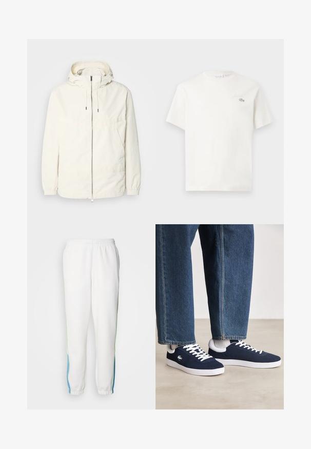 Lengvas, kreminės spalvos švarkas su kapišonu, užtrauktuku priekyje, elastingomis rankovėmis ir kengūros kišene. Lygus audinys su minimaliais siūlių detalėmis.; Balta medvilninė marškinėliai trumpomis rankovėmis, su subtiliu išsiuvinėtu logotipu ir minimalistišku dizainu. Minkšta tekstūra, apvalus kaklas.; Baltos sportinės kelnės su elastingu juosmeniu, su žaliomis ir mėlynomis šoninėmis juostelėmis. Minkšta medžiaga su siaurėjančiu kulkšnių dizainu.; Mėlyni drobės sportbačiai su baltais raišteliais ir guminiais padais, išdėstyti su džinsiniais kelnėmis ir pilkais briaunotais kojiniais, šviesiai pilkame paviršiuje.