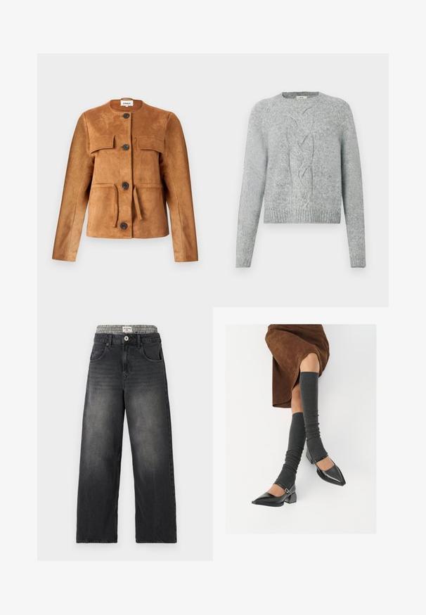 Pruunest sametist jakk, millel on ümmargune kaelus, esipockets ja nupud. Omab keha lähedast siluetti ja tekstureeritud viimistlust.; Helehallid kudumiga sviiter pikade varrukatega, ümar kaelus ja keskel soonikkoelus muster ees.; Mustad denimist laiad püksid, millel on kassi-loomakaubaga vöökoht. Omadused hõlmavad eespool taskuid ja nuppleclosingut. Kulunud tekstuur.; Mustad patsaline odav värviga kingad, millel on kreen ja pahkluuring, on paaritatud hallide ribakudumitega sääremiidega ja pruunist nahast seelikuga.