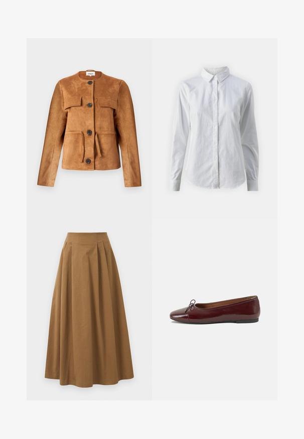 Giacca in suede marrone con scollo rotondo, tasche frontali e chiusure a bottoni. Presenta una silhouette aderente e una finitura testurizzata.; Camicia bianca con bottoni, realizzata in cotone liscio, dotata di un colletto classico, maniche lunghe e orlo curvo. I bottoni sono piccoli e bianchi.; Gonna A-line in cotone marrone con vita alta, caratterizzata da pince sulla parte anteriore e una texture liscia. Le finiture dell'orlo sono pulite e semplici.; Ballerine in pelle verniciata bordeaux con punta arrotondata, piccolo fiocco decorativo sulla parte anteriore e suola bassa in gomma nera. Texture liscia.