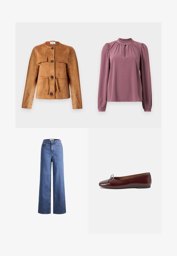 Veste en daim marron avec un col rond, poches avant et fermetures à boutons. Présente une silhouette ajustée et une finition texturée.; Blouse mauve à manches longues avec col froncé, encolure à clef avec fermeture à bouton et épaules légèrement bouffantes.; Jean large en denim bleu clair avec taille haute, deux poches avant et coutures visibles. Fermeture à bouton et à zip.; Ballerines en cuir verni bordeaux avec un bout rond, un petit nœud décoratif à l'avant et une semelle en caoutchouc noire basse. Texture lisse.