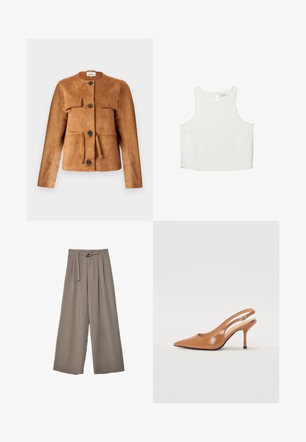 Veste en daim marron avec un col rond, poches avant et fermetures à boutons. Présente une silhouette ajustée et une finition texturée.; Haut sans manches blanc avec un col rond, présentant une texture subtile, un détail en forme de trou de serrure au dos et un ourlet droit.; Pantalons évasés en tissu gris doux et muted, avec une taille ceinturée et des plis pour un détail de design supplémentaire. Texture lisse, sans motifs.; Escarpin à talon slingback à bout pointu en matériau beige lisse et brillant. Présente un design de découpes courbées et un talon aiguille fin. Détail de boucle en argent.