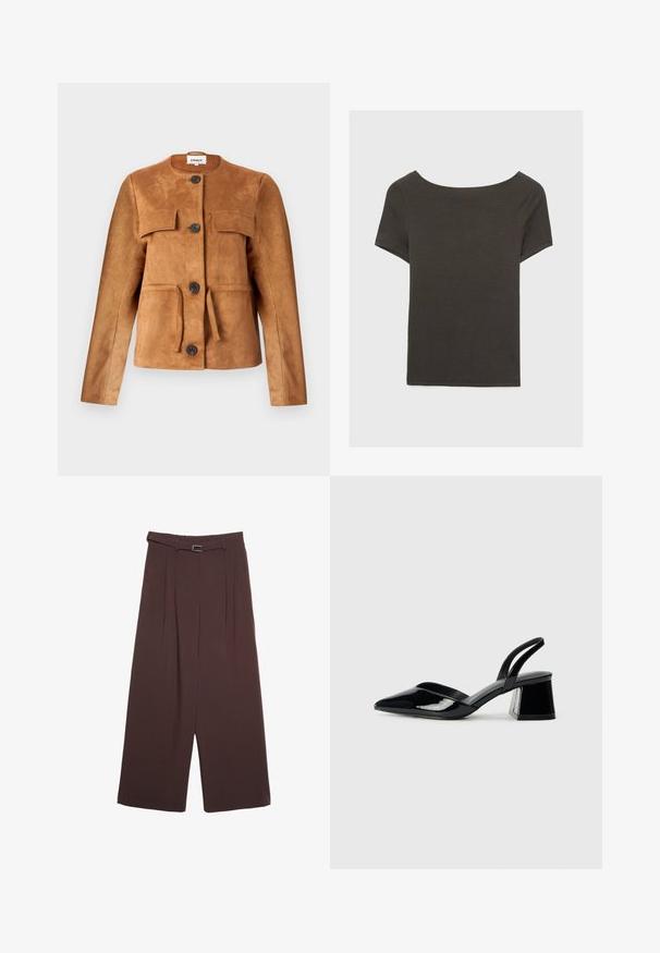 Smeđi suede jakna s okruglim dekolteom, prednjim džepovima i kopčanjem na gumbe. Ima prilagođen siluetu i teksturirani završetak.; Tamno sivi kratki rukav s izrezom u obliku čamca. Izrađen od rebrastog materijala, s opuštenim krojem i ravnim rubom. Jednostavan dizajn, bez uzoraka.; Stradivarius WIDE-LEG WITH BUCKLE DETAIL  - Hlače - dark brown; Crne lakirane kožne sandale s otvorenom petom i špicastim vrhom, s geometrijskom blok petom. Imaju elegantan, minimalistički dizajn i glatku teksturu.