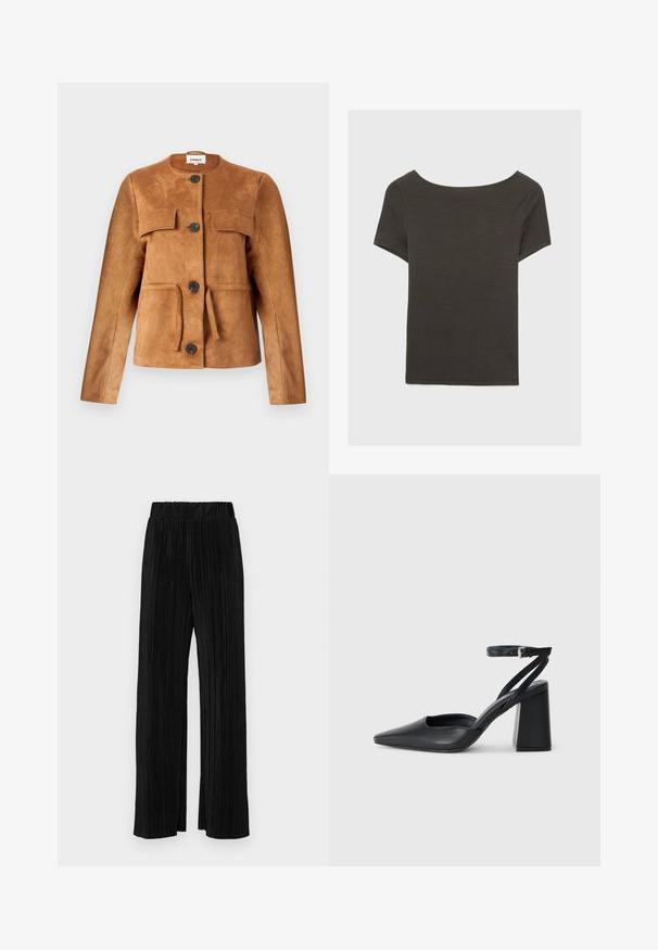 Rjava nubuk jakna s okroglim izrezom, sprednjimi žepi in gumbi za zapiranje. Ima oblikovano silhueto in teksturiran zaključek.; Temno siva kratka majica s čolnasto izrezom. Narejena iz rebraste tkanine, ki ima sproščen kroj in čist rob. Preprost dizajn, brez vzorcev.; Črne plisirane hlače z elastičnim pasom. Imajo široke noge in gladko, teksturirano tkanino z navpičnimi črtami.; Črne usnjene klasične čevlje z ostrim nosom, z zaponko za gleženj in debelim peto. Ravna tekstura, eleganten dizajn in minimalistična estetika.