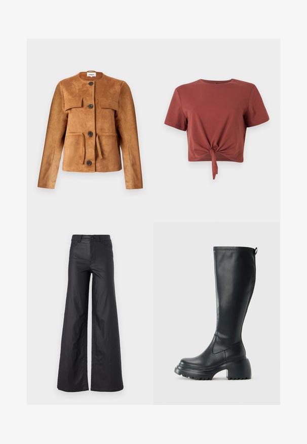 Hnedá semišová bunda s okrúhlym výstrihom, prednými vreckami a zapínaním na gombíky. Má priliehavý strih a textúrovaný povrch.; Hrdzavohnedý krátky tričko z mäkkej bavlny s krátkymi rukávmi a detailom s uzlom vpredu. Hladká textura, okrúhly výstrih.; Čierne široké nohavice z materiálu imitujúceho kožu. Majú vysoký pás, pútka na opasok, dve predné vrecká a šité detaily.; Vysoká čierna kožená čižma s masívnou platformou a blokovým podpätkom, s praktickým pútkom a textúrovaným vzorom na podošve.