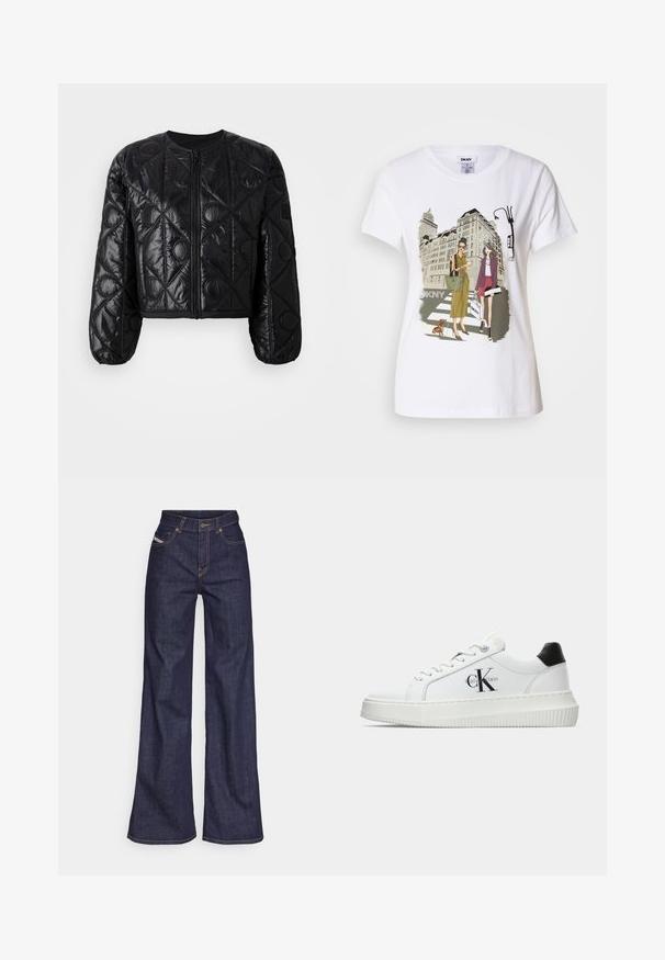 Melnas īsās quilted jaka ar apaļu dekoltē, priekšpusē ar rāvējslēdzēju, garām balona piedurknēm un ģeometrisku šuvju rakstu.; Balta kokvilnas T-krekls ar divu sieviešu, kas ģērbtas urbanā stilā, zīmējumu, uz kura redzams suns uz gājēju pārejas un pilsētas ēkas.; Tumši zili platleņķa džinsi no denima auduma ar augstu jostasvietu, ar oranžām šuvēm, piecu kabatu dizainu un pogu aizdari.; Baltā zema topa sporta apavas ar melnu papēža cilni, platformas zoli, auklēm un Calvin Klein "CK" logo sānos.