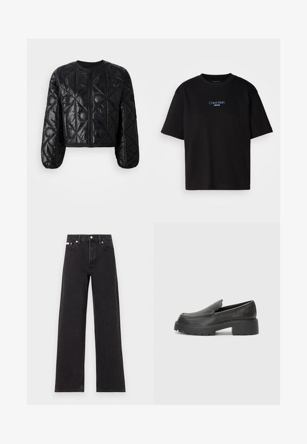Jaqueta cropped preta acolchoada com gola redonda, fecho de correr frontal, mangas longas balão e padrão de costura geométrica.; T-shirt preta de algodão com gola redonda, mangas curtas e logo bordado azul "Calvin Klein JEANS" na parte da frente.; Jeans de perna larga pretos feitos de denim, apresentando uma cintura alta, estilo de cinco bolsos e um fecho em botão de metal com costura contrastante.; Mocassins de couro preto com bico arredondado, sola espessa e texturizada, e detalhes de costura minimalistas. Design elegante sem atacadores ou ferragens visíveis.