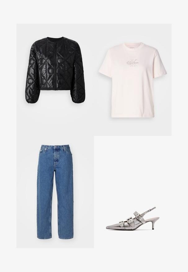 Giacca nera cropped trapuntata con scollatura rotonda, chiusura con cerniera anteriore, maniche lunghe a palloncino e motivo di cucitura geometrico.; T-shirt di cotone rosa chiaro con collo rotondo, con logo ricamato in argento "Calvin Klein" e un sottile design "CK" sul petto.; Jeans in denim azzurro con vita alta, design a gamba dritta, stile a cinque tasche e texture leggermente sbiadita. Chiusura con rivetto e bottone.; Slingback metallizzato argento con punta affilata, caratterizzato da tre ampie cinghie e fibbie quadrate metalliche. Texture lucida e tacco sottile.