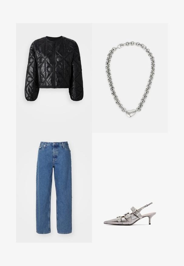 Juoda trumpa siuvinėta striukė su apvalia apykakle, užtrauktuku priekyje, ilgomis pūstomis rankovėmis ir geometrinio rašto siuvinėjimu.; Šviesiai rožinis medvilninis marškinėliai su apvalia apykakle, su sidabriniu siuvinėtų "Calvin Klein" logotipu ir subtiliu "CK" dizainu ant krūtinės.; Šviesiai mėlyni džinsai su aukštu liemeniu, tiesaus silueto dizainu, penkiais kišenėmis ir šiek tiek išblukusiu tekstūru. Prisegamas ir mygtuko užsegimas.; Metalinis sidabro spalvos slingback kulnas su smailiu pirštu, turintis tris plačias juosteles ir kvadratinius metalinius užsegimus. Blizgi tekstūra ir plonas kulnas.; Sidabrinė grandinėlė su sujungtais apvaliais žiedais ir poliruotu širdies formos akcentu centre. Įtraukta saugi užsegimo sistema.