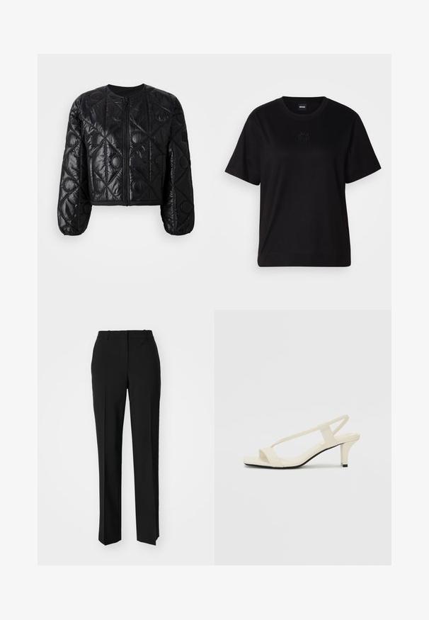 Svart, kort, quiltet jakke med rund hals, glidelås foran, lange ballongermer og geometrisk søm mønster.; Svart bomull T-skjorte med rund hals, korte ermer og et brodert logo på brystet. Enkel, avslappet passform uten mønstre.; Sorte skreddersydde bukser med rett silhuett, med en glatt tekstur og klare pressede bretter foran. Ingen synlig maskinvare.; Beige blokk-høydesandaler med tynne stropper og firkantet tå. Glatt materiale med minimale detaljer, designet for enkel bruk.