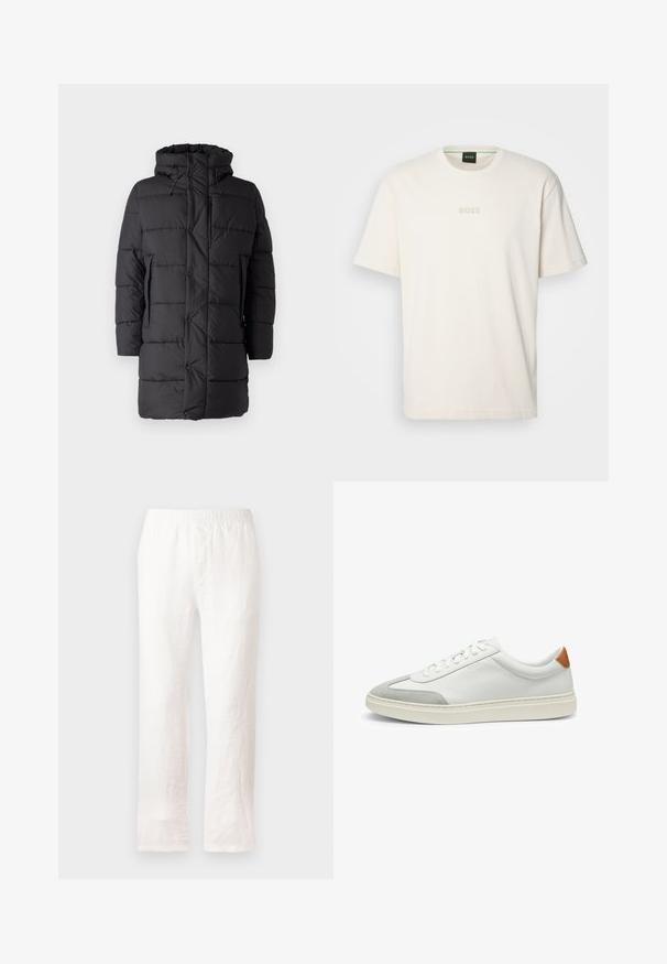 Save the duck DAMON - Giacca invernale - black; BOSS TEE - T-shirt basic - open white; Pantaloni bianchi in lino con vita elasticizzata, design a gamba dritta e tessuto leggermente strutturato. Nessun motivo o dettagli aggiuntivi.; Sneakers bianchi in pelle con accenti in suede grigio e un tallone in pelle beige. Presentano una superficie testurizzata e una suola leggera.