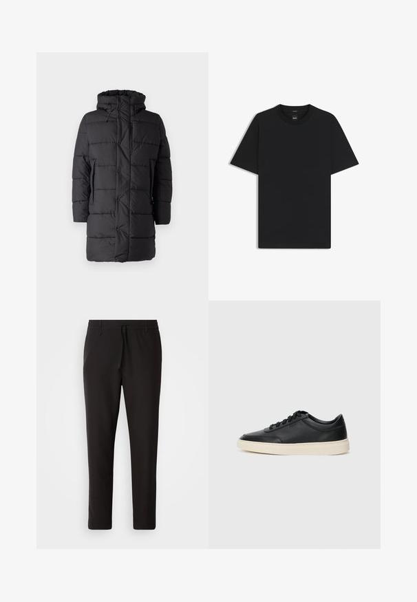 Save the duck DAMON - Giacca invernale - black; Maglietta nera a maniche corte realizzata in un morbido misto cotone, con scollatura a girocollo e un design minimalista senza motivi o dettagli.; Pantaloni jogger neri realizzati in tessuto liscio. Presentano una vita elasticizzata con stringa, gambe affusolate e senza tasche visibili. Design semplice.; Sneaker in pelle nera a basso profilo con lacci neri e suola avorio, mostrato di profilo su sfondo bianco.