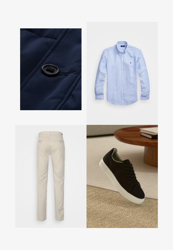 Marineblauwe gewatteerde stof met een gladde textuur, voorzien van een zwarte knop en trekkoord-detail op het oppervlak, waarbij de quiltpatronen worden benadrukt.; Blauw-wit gestreept overhemd met lange mouwen van katoen, met een button-down kraag, knopen aan de voorkant en een klein geborduurd logo op de borst.; Beige broek met een gladde textuur, rechte snit, twee achterzakken met knopen en een standaard tailleband.; Zwarte sneaker met witte zool die boven een beige gestructureerd tapijt zweeft, nabij een ronde houten tafel met gestapelde boeken.