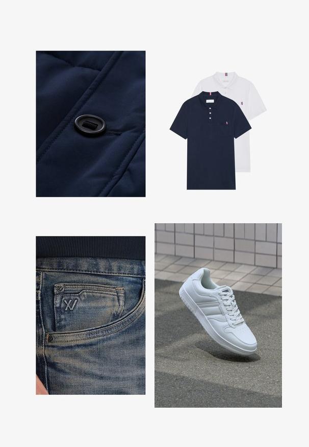 Marineblauwe gewatteerde stof met een gladde textuur, voorzien van een zwarte knop en trekkoord-detail op het oppervlak, waarbij de quiltpatronen worden benadrukt.; Twee polo shirts: één marineblauw en één wit, beide met een kleine rood, wit en blauwe accent op de borstzak en kraag.; Blauwe spijkerbroek met een vervaagde textuur, voorzien van een muntzakje en een zwart logo-accent aan de voorkant. De tailleband is gemaakt van donkerblauw geribd stof.; Witte sportsneaker met een glad leren bovenwerk, vetersluiting aan de voorkant, geperforeerde neus en een geprofileerde zool. Minimalistisch ontwerp met drie zijstrepen.