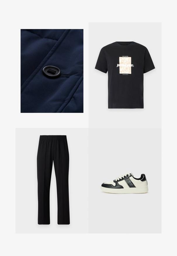 Námořnická modrá polstrovaná tkanina s hladkým povrchem, s černým knoflíkem a detaily tkaničky na povrchu, zdůrazňující prošívací vzory.; Černé bavlněné tričko s kulatým výstřihem. Na přední straně se nachází béžová obdélníková grafika a bílý text "JAWO" vycentrovaný uprostřed. Krátké rukávy.; Černé kalhoty s elastickým pasem a rovnými nohavicemi, s hladkým povrchem a bez viditelných vzorů nebo kovových doplňků.; Kožené tenisky s černobílou barevnou kombinací, které mají perforované detaily, polstrovaný límec a texturovanou podrážku.