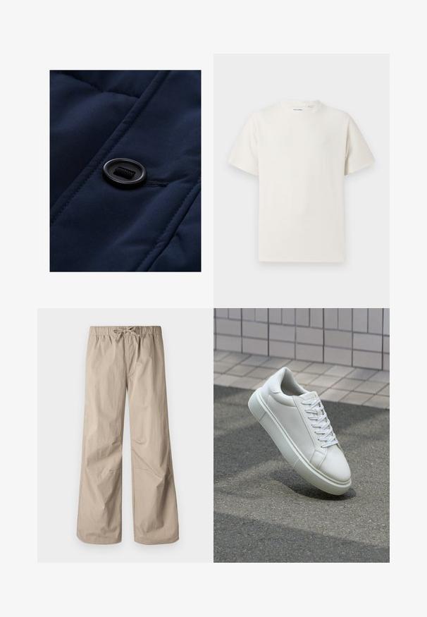 Tamsiai mėlynas paminkštintas audinys su glotnia tekstūra, vaizduojantis juodą mygtuką ir raištelio detalę ant paviršiaus, pabrėžiantis siuvinėjimo raštus.; Balta trumpa rankovė T-polo marškinėlių su juostelėmis tekstūra. Apvalus iškirpimas, laisvas fasonas, jokių matomų raštų ar akcentų. Paprastas ir universalus dizainas.; Šviesiai rudos plačios kelnės su elastinga juosta ir raišteliu. Lygus paviršius, dvi šoninės kišenės ir minimalūs siūlės, užtikrinantys patogų prigludimą.; Balti odiniai sportbačiai su lygiu paviršiumi, apvalia nosimi ir plokščiomis baltomis raištelėmis. Yra tekstūruotas gumos padas ir minimalizmas dizaino elementuose.