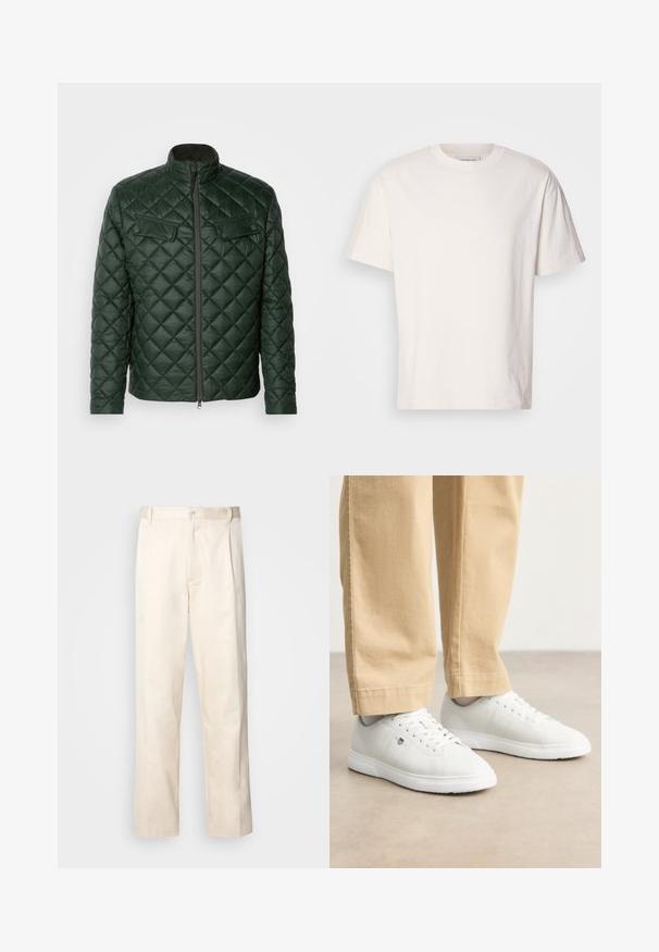 Jachetă verde matlasată, cu guler înalt, fermoar frontal și două buzunare pe piept. Prezintă un model diagonal și o textură elegantă, netedă.; Tricou din bumbac de culoare crem, cu guler rotund. Mâneci scurte și o croială lejeră. Prezintă un mic logo pe guler. Textură netedă.; Pantaloni din bumbac bej, cu croială dreaptă, dotati cu închidere cu nasture și pliuri în față pentru un plus de detaliu.; Adidași din piele albă cu finisaj neted, având vârf rotund, design cu șireturi și detalii subtile cu logo pe lateral, asortați cu pantaloni bej.