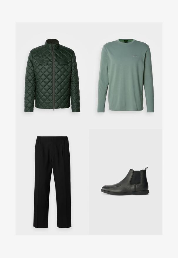 Tűzött zöld dzseki magas gallérral, elülső cipzárral és két mellzsebbel. Átlós mintázattal rendelkezik, és sima, elegáns textúrája van.; Világos zöld, hosszú ujjú póló, puha anyagból készült. Kerek nyakkivágással rendelkezik, és a mellkasán egy kis "BOSS" logó van hímezve.; Fekete nadrág sima anyagból, rugalmas derékrésszel, egyenes lábbal és két elülső pliszével a részletekhez.; Fekete bőrcsizma bokaig, sima textúrával, elasztikus oldalsó panelekből és hátsó húzófülből. Lekerekített orr és gumi talp.