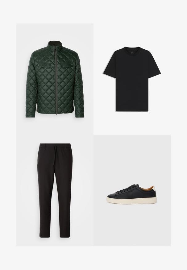 Gequilted groene jas met een hoge kraag, voorrits en twee borstzakken. Kenmerkend is het diagonale patroon en de strakke, gladde textuur.; Zwarte korte mouwen T-shirt van een gladde katoenmix, met een ronde halslijn en een minimalistisch ontwerp zonder patronen of accenten.; Zwarte joggingsbroek van gladde stof. Kenmerkt zich door een elastische tailleband met een trekkoord, taps toelopende benen en geen zichtbare zakken. Eenvoudig ontwerp.; Zwarte leren sneakers met een gladde textuur, beige rubberen zool, vetersluiting en een contrasterende hielaccent.