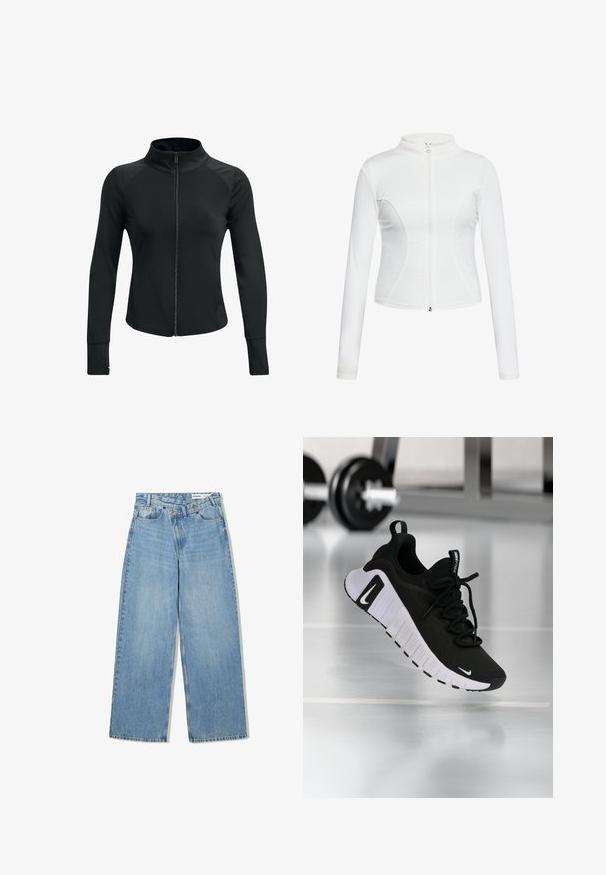 Schwarze Sportjacke mit hohem Kragen, durchgehendem Reißverschluss, langen Ärmeln und strukturierten Schulterakzenten. Hergestellt aus einem glatten, dehnbaren Stoff.; Weißer Reißverschlussjacke mit langen Ärmeln, glatter Textur, taillierter Passform und geschwungenen Nahtdetails an den Seiten.; Schwarzer Badebekleidungsstoff mit glatter Textur, geschwungenen Trägern und flachen Nähten, entworfen für Komfort und Flexibilität während des Gebrauchs.; Hellblaue weite Jeans aus Denim, mit hoher Taille, fünf Taschen, Knopfverschluss und dezentem Verblassen für Textur.; Schwarzer Sportschuh mit strukturiertem Stoffobermaterial, weißer Sohle und auffälligem Schnürsystem. Verfügt über ein Nike-Logo und ein weiches, gepolstertes Design.