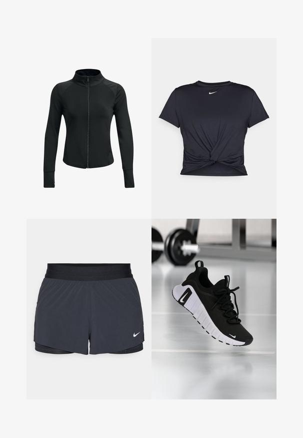 Must have käekott must sportlik jakk kõrge kraega, täispikk tõmblukk, pikad varrukad ja tekstureeritud õlavarre aktsendid. Valmistatud sujuvast ja venivast kangast.; Mustmust musta sportlik T-särk, mis on valmistatud sujuvast kangast, millel on sõlmega esikülg ja väike valge Nike logo rinnal.; Mustad must sportlikud lühikesed püksid, millel on elastne vöökoht, kihiline disain ja väike valge Nike logo vasakul all. Kerge materjal.; Must spordijalats, millel on tekstureeritud kangast pealmine osa, valge tallaga ja silmatorkava paelasüsteemiga. Omab Nike logo ning pehme ja polsterdatud disain.