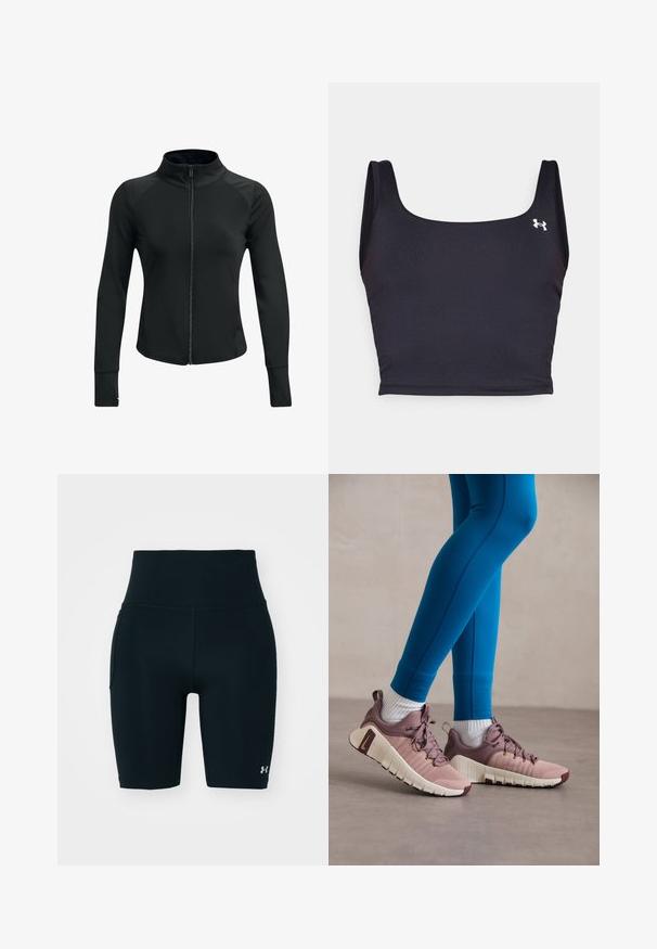 Must have käekott must sportlik jakk kõrge kraega, täispikk tõmblukk, pikad varrukad ja tekstureeritud õlavarre aktsendid. Valmistatud sujuvast ja venivast kangast.; Mustvalge spordikrop, mis on valmistatud siledast materjalist, ruudukujulise kaelusega ja laiemate rihmadega. Küljel on väike valge logo.; Mustad mustad lühikesed püksid, mis on valmistatud venivast kangast, kõrge vöökoht ja küljetaskud. Sile tekstuur, lame õmblus ja logo aktsent.; Spordijalatsid helesinises ja beežis toonis, tekstuuridega külgpaneelidega, pruunide aktsentidega ja paindlike talladega. Kannab siniseid retuuse ja valgeid sokke.