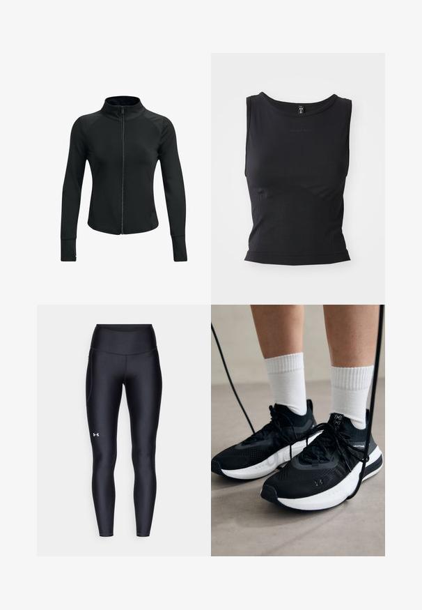 Čierna športová bunda s vysokým golierom, plným zipsom, dlhými rukávmi a textúrovanými akcentmi na pleciach. Vyrobená z hladkej, elastickej látky.; Čierny športový top bez rukávov vyrobený z hladkej tkaniny, s okrúhlym výstrihom a priliehavým strihom so subtilným logom.; Čierne legíny vyrobené z hladkého, elastického materiálu s vysokým pásom. Obsahujú biele logo na ľavom stehne a sú strihané na telo.; Čierne športové topánky s textúrovanou tkaninou, bielou podrážkou a čiernymi šnúrkami. Nosené s bielymi rebrovanými ponožkami, postavené na svetlom povrchu.