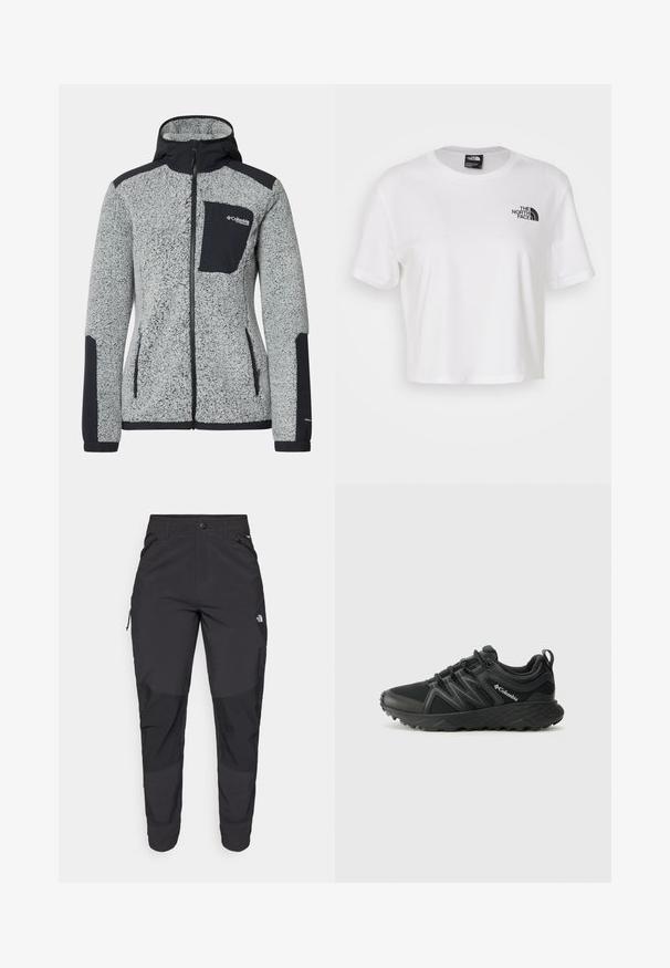 Columbia ARCTIC CREST™ SHERPA FULL ZIP - Fleece jacket - white/black; White cropped t-shirt made of cotton with a round neckline and short sleeves. Features a black logo on the left chest.; Black outdoor pants made of durable fabric. Feature zippered pockets, reinforced knee panels, and a straight cut design for mobility.; Columbia PEAKFREAK - Hiking shoes - black