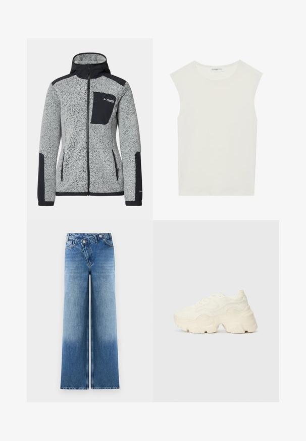 Columbia - Kurtka z polaru; Biała bezrękawnik z okrągłym dekoltem. Wykonana z gładkiego materiału, ma luźny krój i minimalistyczny design. Bez wzorów ani akcentów.; Jasnoniebieskie dżinsy o szerokich nogawkach z wybledzonym wykończeniem, z klasycznym pięciop pocketsowym wzorem i metalowymi guzikami w talii.; Podeszwa chunky białych sneakersów wykonana z teksturowanej siateczki i materiałów syntetycznych, z grubą podeszwą i skomplikowanymi detalami wzoru po bokach.