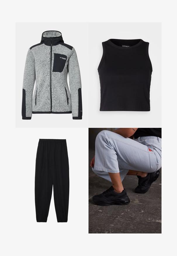 Columbia ARCTIC CREST™ SHERPA FULL ZIP - Polárdzseki - white/black; Fekete bordás crop tank top kerek nyakkivágással és ujjtalan dizájnnal. Puha, rugalmas anyagból készült, tiszta, lekerekített szélű részletekkel.; Fekete, könnyű nadrág elasztikus derékkal és ráncolt bokákkal. Az anyag sima és laza, szűkített dizájnnal rendelkezik.; Fekete sportos sneaker egy texturált felsőrésszel, vastag talppal és levegőpárnázással. Világoskék, cropped nadrággal párosítva, laza öltözetben.