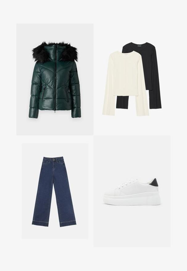 Groene pufferjack met een rits aan de voorkant, voorzien van een nepbont capuchon, chevron gequilt patroon en zijzakken. Gladde, glanzende textuur.; Set van twee longsleeve tops in wit en zwart. Geribbelde textuur, ronde hals, aansluitend ontwerp met licht uitlopende mouwen.; Wide-leg jeans in donkerblauwe denim. Voorzien van vijf zakken, riemlussen en een rauwe zoom onderaan met zichtbare stikseldetails.; Witte platform sneakers van glad synthetisch materiaal, met een afgeronde neus, vetersluiting en een gestructureerde rubberen zool. Zwarte hielaccent.
