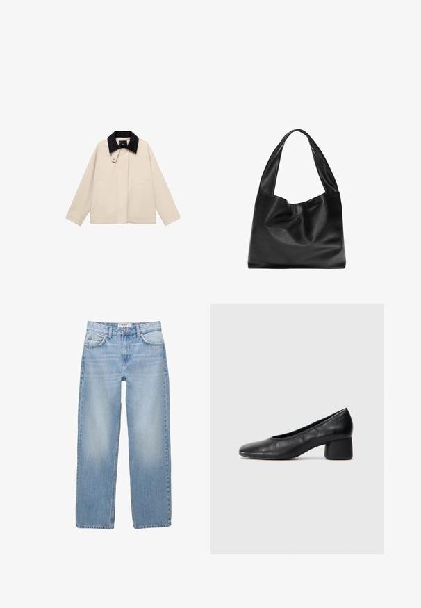 Giacca beige con colletto in velluto a coste nero, dotata di tasche laterali e silhouette dritta. Realizzata in tessuto leggero, progettata per la versatilità.; Maglione lavorato a maglia blu navy, texture morbida, scollatura rotonda, spalle scese, lunghezza cropped, polsini e orlo a coste.; Jeans in denim azzurro chiaro con design a gamba dritta, stile a cinque tasche e dettagli di cucitura visibili. Il tessuto ha una texture morbida e leggermente scolorita.; Pantofole nere in pelle con punta arrotondata e tacco medio a blocco. Texture liscia con dettagli minimi, caratterizzata da un'apertura elastica sottile.; Borsa tote in pelle nera con un design morbido e floscio, manici larghi e una texture liscia. Nessun hardware o decorazione visibile.