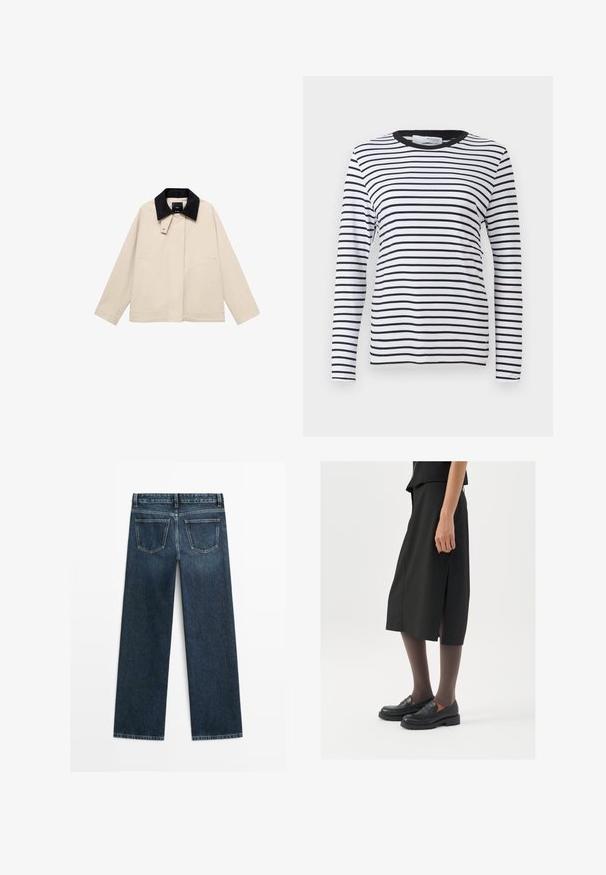 Beige jacka med svart manchestillkrage, med sidofickor och rak silhuett. Tillverkad av lätta material, designad för mångsidighet.; Långärmad skjorta med svartvita horisontella ränder, rundad halsringning, tillverkad av mjukt tyg, med en ren design utan mönster.; Mörkblå denimjeans med rak passform, som har två bakfickor och synlig sömnad längs sömmarna och fållarna.; Svart knälång kjol med sidoklyv, kombinerad med svarta loafers och genomskinliga bruna strumpbyxor, med en slät textil och enkel design.