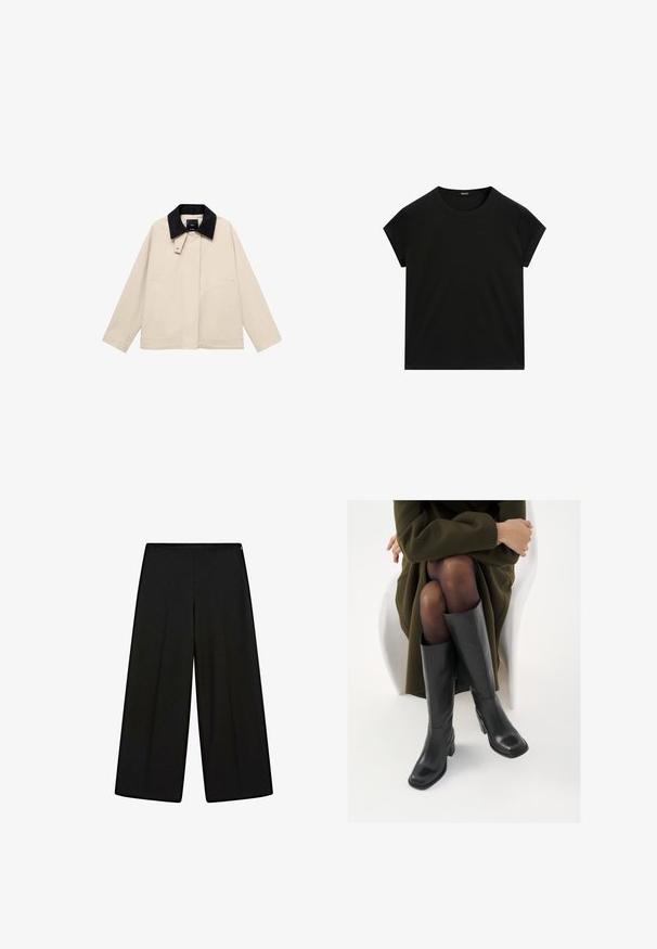Beige Jacke mit schwarzem Cordkragen, seitlichen Taschen und gerader Silhouette. Hergestellt aus leichtem Stoff, konzipiert für Vielseitigkeit.; Schwarzes kurzärmeliges T-Shirt mit Rundhalsausschnitt und geradem Saum, flach auf einem weißen Hintergrund präsentiert.; Schwarze, weit geschnittene Hosen aus weichem Stoff, mit hohem Bund und Falten, die eine glatte Textur und keine sichtbaren Verzierungen aufweisen.; Knöchelhöhe schwarze Lederstiefel mit quadrater Spitze und Blockabsatz, gezeigt mit einem Modell, das einen olivgrünen Mantel trägt. Glatte Textur, minimale Details.