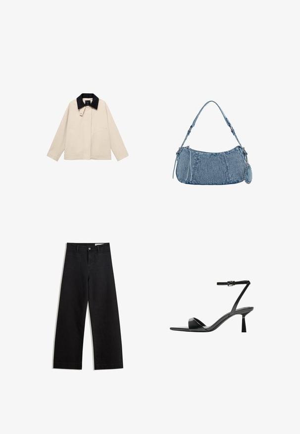 Béžová bunda s čiernym kordovým golierom, s bočnými vreckami a priamym strihom. Vyrobená z ľahkej tkaniny, navrhnutá na všestranné využitie.; Svetlo béžové tričko s krátkym rukávom a okrúhlym výstrihom, vyrobené z jemnej, hladkej tkaniny. Má voľný strih a rovný lem.; Čierne denimové nohavice s širokými nohavicami a vysokým pásom, so prednými a zadnými vreckami, šitými švami a zapínaním na gombík. Hladká textúra.; Bershka Sandále na vysokom opätku - black; Džínová kabelka s zakriveným tvarom, svetlomodrej farby, so nastaviteľným popruhom na rameno a malým odnímateľným vreckom s kovovými detailmi.