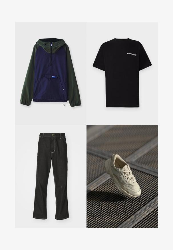 Pullover jack in donker marineblauw en olijfgroen. Voorzien van een voorzak, capuchon en elastische manchetten, gemaakt van lichtgewicht, duurzaam materiaal.; Zwart katoenen T-shirt met korte mouwen, ronde hals en een wit "Carhartt"-logo op de linkerborst. Gladde textuur, minimalistisch ontwerp.; Zwarte denim jeans met een losse pasvorm, voorzien van contrasterende witte stiksels, een knoopsluiting en een recht ontwerp.; Beige sneaker met gestructureerde stof, contrasterende gladde accenten, afgeronde zool en veters, boven een gegraveerd oppervlak.