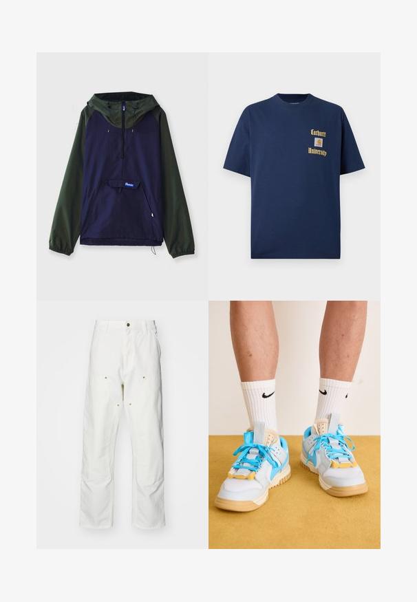 Bluza z kapturem w ciemnym granacie i oliwkowej zieleni. Posiada przednią kieszeń, kaptur oraz elastyczne mankiety, wykonana z lekkiego i trwałego materiału.; Granatowa bawełniana koszulka z krótkim rękawem, z złotym napisem "Carhartt University" oraz naszywką z logo na lewej piersi.; Białe bawełniane spodnie cargo o luźnym kroju. Cechy to przednie kieszenie, złote akcenty oraz wzmocnione części kolan.; Jasnoniebieskie trampki z brązowymi podeszwami, wyposażone w wyraźne turkusowe sznurowadła i żółte akcenty. Teksturowane materiały i widoczne poduszki powietrzne.