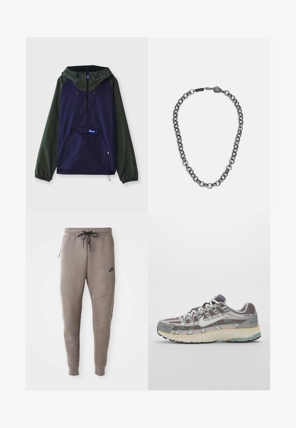 Tõmblemise jope tumedas mereväe sinises ja oliivrohelises. Omab esimest taskut, kapuutsi ja elastseid mansette, valmistatud kergest ja vastupidavast kangast.; Kolm valget ribaga t-särki, mis on valmistatud puuvillast. Omavad ümmargust kaelanõhku ja väikseid musti silte hemme lähedal. Saadaval erinevates suurustes.; Hallide Nike dressipüksid, millel on nööriga vöökoht, kitsenevad sääred, küljetaskud ja eristuv õmbluse detail. Pehme, tekstureeritud kangas.; Hallus hallitus jalanõud, millel on võrgust ja sametist ülemine osa, valged rõhutused, pehme tald ning eristuv disain peegelduvate elementidega.; Metallist ehetross, millel on piklikud lingid tumedast terasest. Omab geomeetrilist aktsenti ja brändimise detailiga klamber.