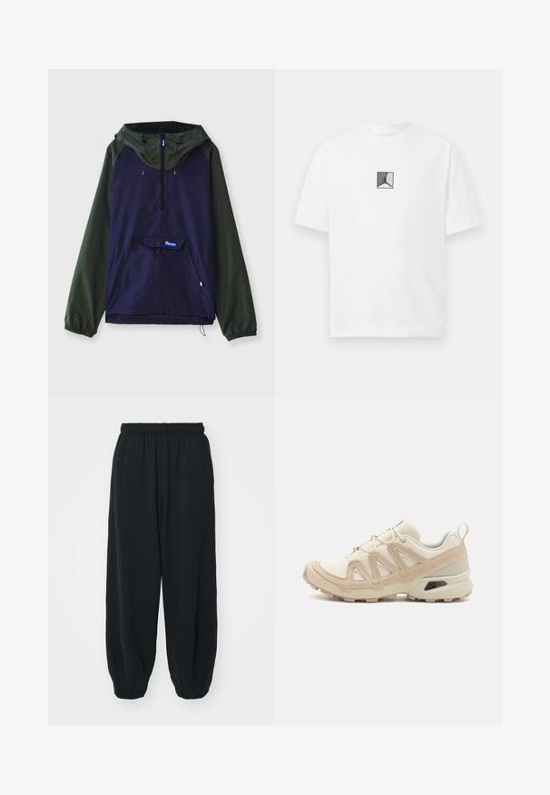 Tumšā tumši zila un olīvu zaļa krāsā esošais pulovera jaku. Iekļauj priekšējo kabatu, kapuci un elastīgas aproces, izgatavota no viegla, izturīga auduma.; Balta kokvilnas T-krekls ar centrālo melno un pelēko logotipa grafiku. Klasiska apaļa kakla forma un īsas piedurknes ar brīvāku piegriezumu.; Melnas sporta bikses ar elastīgu jostasvietu, brīvu piegriezumu, aprocēm ap potītēm, gludu tekstūru, un bez redzamām rakstu vai aparatūras akcentiem.; Beige un krēma sporta apavi ar strukturētu tīkla virsmu, atbalstošajiem slāņiem un gumijas zoli ar protektoru rakstu, kas nodrošina saķeri.