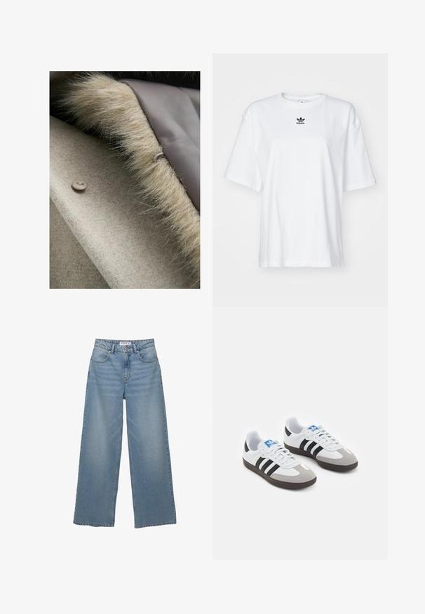 Tissu en laine beige avec une bordure en fausse fourrure douce le long du bord, présentant une fermeture à bouton rond de couleur taupe clair. Doublure intérieure lisse.; T-shirt blanc à manches courtes en coton. Avec un col rond et un petit logo Adidas noir sur la poitrine. Ourlet droit.; Jeans en denim bleu clair à jambes larges. Présente une taille haute, cinq poches et une coupe droite avec un léger délavage.; Baskets avec une tige en cuir blanc, un bout en daim gris et trois bandes noires. Présente un logo bleu sur la languette et une semelle en caoutchouc texturée.