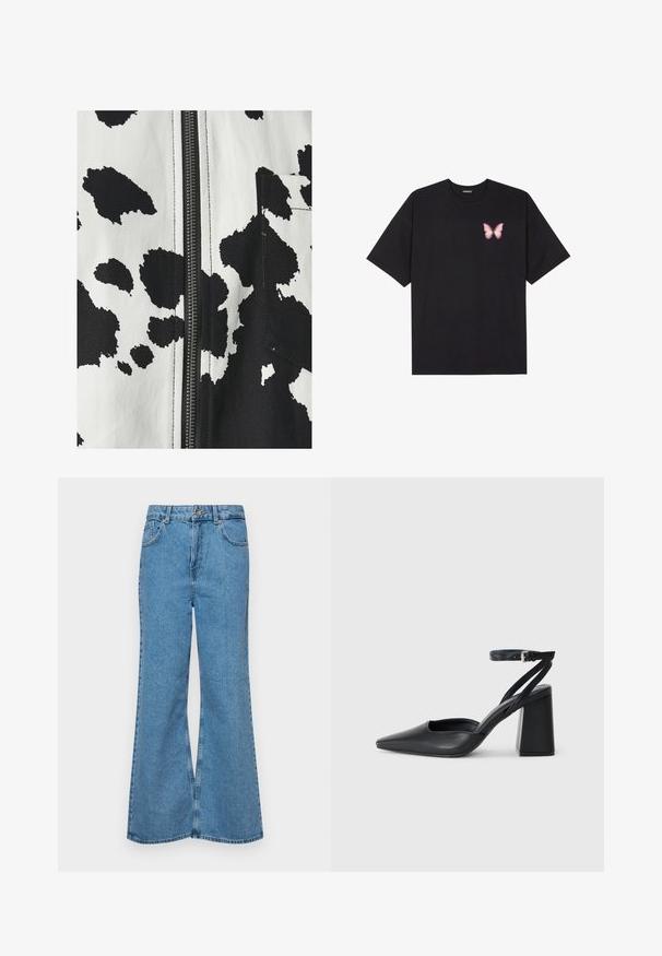 SOMETHINGNEW COW PRINT CORT CROPPED - Let jakke / Sommerjakker - macadamia; Sort bomulds T-shirt med korte ærmer, prydet med en lille pink sommerfugl grafik på venstre bryst. Rund hals design med en afslappet pasform.; Lysblå flagrende jeans lavet af denim, med høj talje, fem lommer og en enkelt knaplukning. Blød tekstur med en falmet finish.; Sort læder spidse pumps med ankelrem og en chunky hæl. Flad tekstur, slankt design og minimalistisk æstetik.