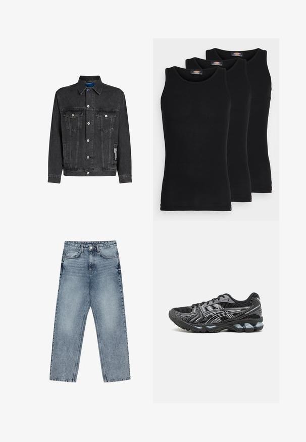 Črna denimska jakna z značilnim ovratnikom, dvema sprednjima žepoma, srebrnimi gumbi in blagovno označbo na levi rokavi.; Črne majice brez rokavov v paketu treh. Rebrasta struktura, standardni okrogel izrez, brez rokavov. Rob ima majhen logotip blagovne znamke na dnu.; Svijetloplave traperice s ravnim krojem, vidljivim šavovima, dizajnom od pet džepova i kopčanjem na gumbu u struku.; Črne atletske čevlje z mrežasto zgornjimi deli, srebrnimi detajli in podplatom z oblazinjenjem. Imajo sistem vezalke in teksturirano podplato za oprijem.